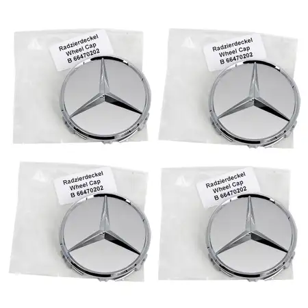 4x ORIGINAL Mercedes Nabendeckel Nabenkappe Felgendeckel &Oslash; 75 mm SILBER 66470202