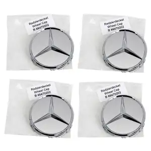 4x ORIGINAL Mercedes Nabendeckel Nabenkappe Felgendeckel &Oslash; 75 mm SILBER 66470202